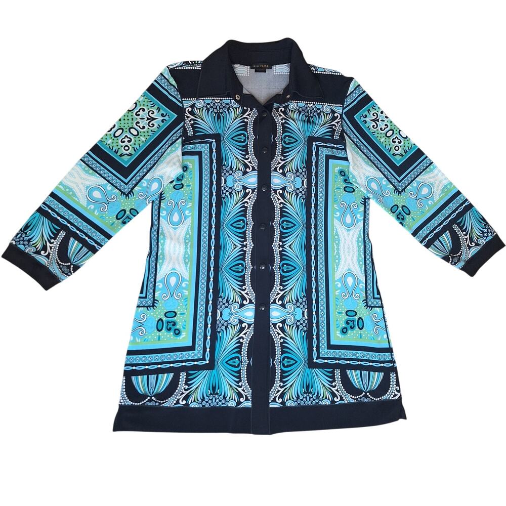 Eva Varro Blue Green Paisley Geometric Button Front Tunic Shirt Dress NWOT- M